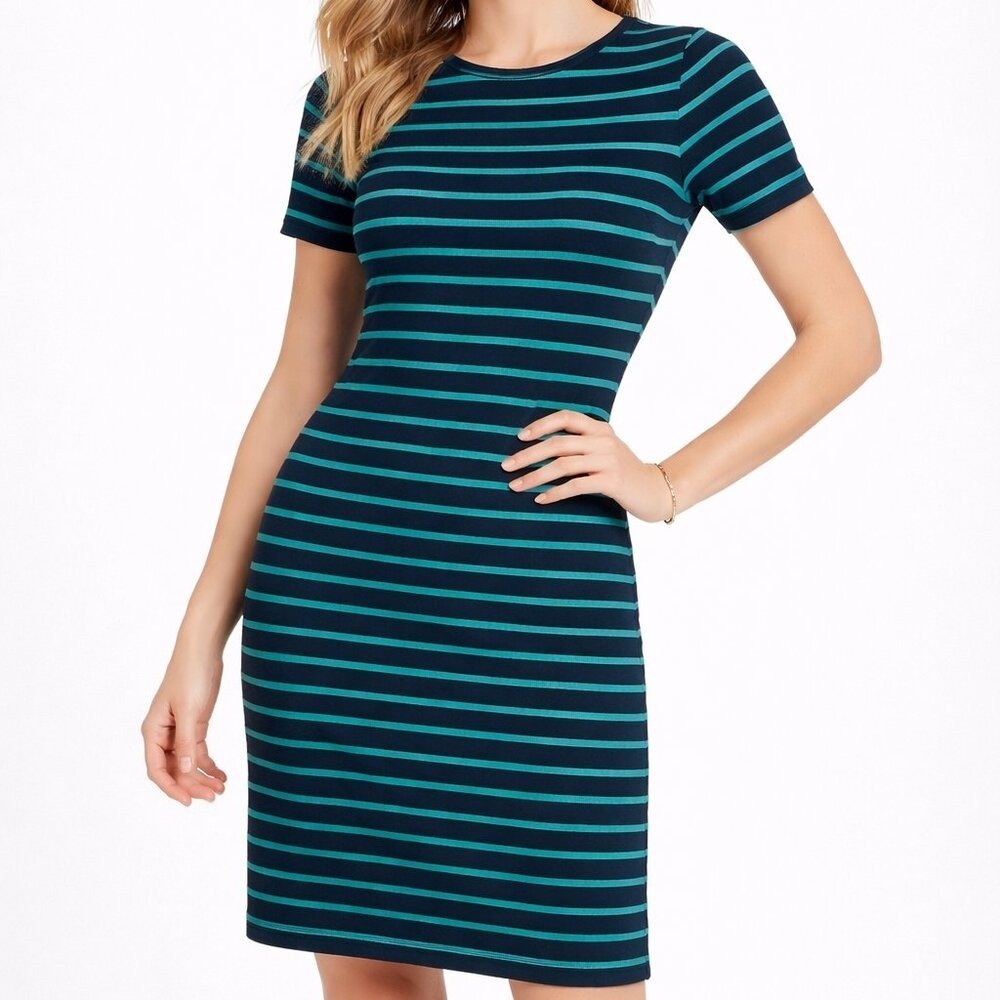 J. Crew Navy Blue with Green Stripes Knee Length Dress 100% Cotton